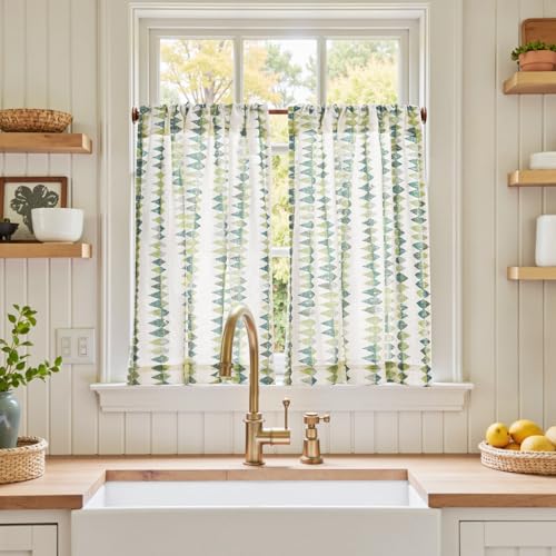 jinchan Sage Green Boho Linen Kitchen Tier Curtains 36 Inches 2 Panels - color: Tribal | Sage Green on Linen, size: 26"W x 36"L (Pack of 2)