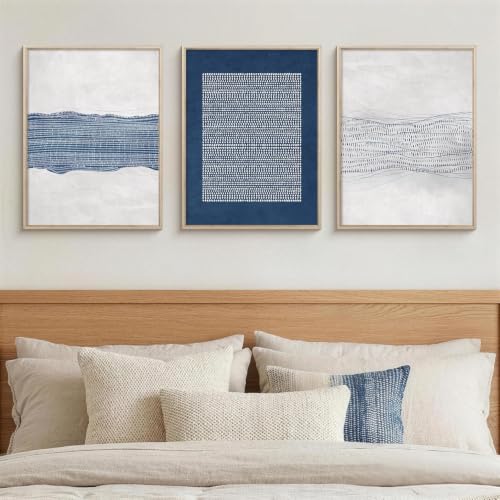 Aryroi Navy Blue and White Abstract Framed Canvas Wall Art Set- 12"x16"x3 - color: Navy Blue Dot Wall Art - White Oak Framed, size: 12"L x 16"W