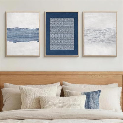 Aryroi Navy Blue and White Abstract Framed Canvas Wall Art Set- 12"x16"x3 - color: Navy Blue Dot Wall Art - White Oak Framed, size: 12"L x 16"W