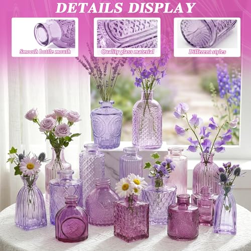 Set of 15 Purple Glass Bud Vases Small Textured Flower Vases - color: Purple