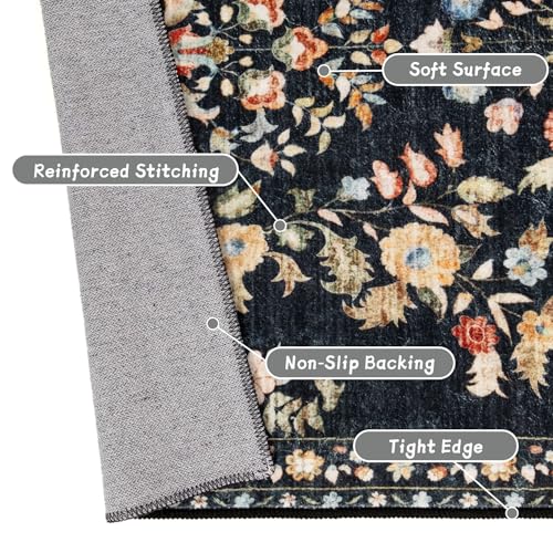 MUJOO 3x5 Rug Washable Floral Area Rugs Non Slip Ultra-Thin - color: Black, size: 3' x 5' (Rectangular)