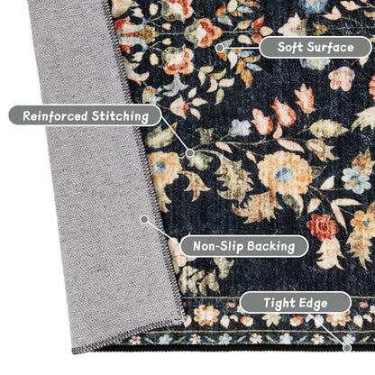 MUJOO 3x5 Rug Washable Floral Area Rugs Non Slip Ultra-Thin - color: Black, size: 3' x 5' (Rectangular)
