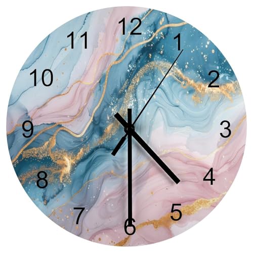Marble Wall Clock 12 Inch Silent Non Ticking Clock Wooden, Modern Luxury Foil Texture Pink Blue Gold Marble Wall Clock Battery Operated Kitchen Bedroom Living Room Decor - color: Marble-9