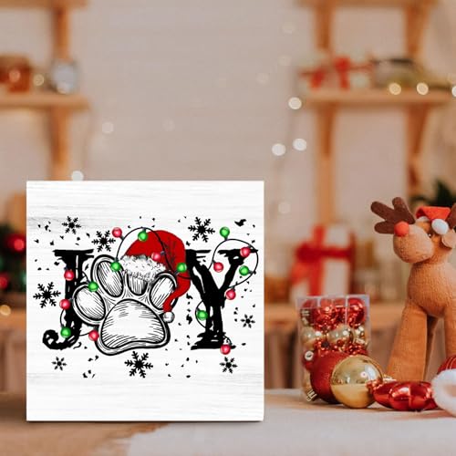 IWXYI Christmas Joy Wood Box Sign Desk Decor,Dog Paw Wooden Block Box Sign Decoration For Home Office Shelf Table Decor 5x5 Inches,Dog Gift For Dog Lover