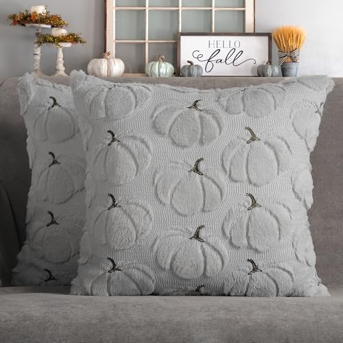 Fall Pillow Covers 18x18 Set of 2 Gray Pumpkin Decorations for Home - color: Gray, size: 18" x 18" (Pack of 2)