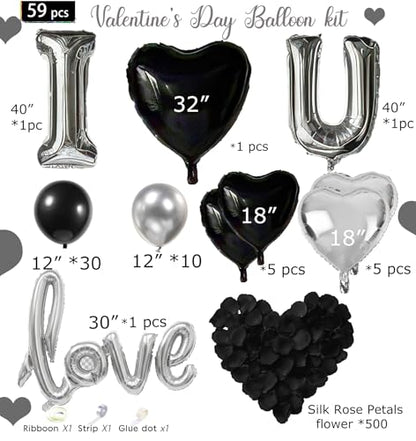 I Love You Balloons for Him/Her Balloons Black and silver romantic balloon kit with heart LOVE mylar balloons Black rose petals for hotel Dec orations Valentines Party wedding anniversary supplies - color: Black and Silver
