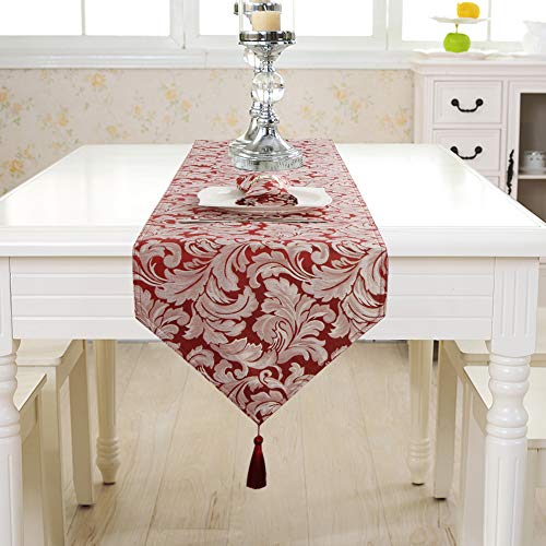 EHouseHome Jacquard Damask Reversible Burgundy Table Runners with Tassels 13 x 72 inch Wrinkle and Water Resistant Spill-Proof Decorative Dining and Wedding Runners - color: Burgundy With Tassels