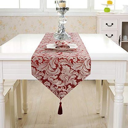 EHouseHome Jacquard Damask Reversible Burgundy Table Runners with Tassels 13 x 72 inch Wrinkle and Water Resistant Spill-Proof Decorative Dining and Wedding Runners - color: Burgundy With Tassels