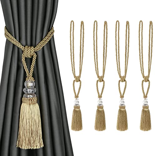 BEL AVENIR 4 Pack Curtain Tiebacks Hand-Woven Holdbacks Tassels Tiebacks - color: Golden, size: 4 Pack