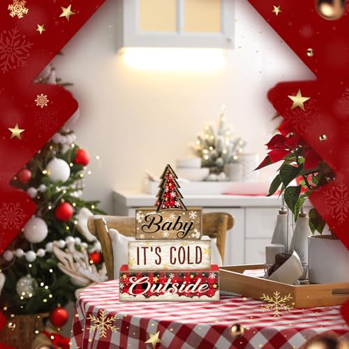 Britimes Tiered Tray Decor Set, 4 Pack, Wooden Table Sign, Plaid Farmhouse - color: Red