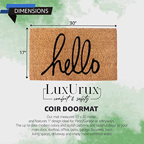 LuxUrux Hello Door Mat Outdoor Coco Coir Doormat, with Heavy-Duty PVC Backing - Natural - Perfect Color/Sizing for Outdoor/Indoor uses. (17 x 30, Script Hello) - color: Walnut, size: 17'' x 30''