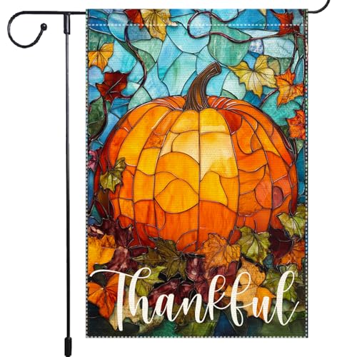Thankful Thanksgiving Garden Flag, Fall Garden Flags for Outdoor Decor 12x18 Inch Autumn Stained Glass Pumpkin Maple Leaf Double Sided Small Burlap Outside Porch Lawn Yard Decorative Flags - color: RMQ-1099, size: 12"X18"