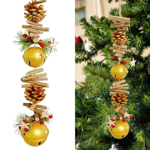 23.6 Inches Christmas Pinecone and Bell Hanging Garland Decoration, Rustic Wood Stick and Pine Leaf Garland with Bells, Holiday Ornament for Door Wall Fireplace, Indoor Outdoor Xmas Decor (Gold) - color: Gold