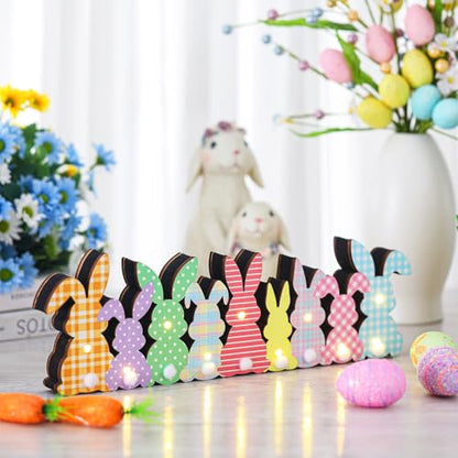 Yousoontic Easter Decorations, Bunny Easter Decor for Table with LED Lights Wood Bunny Table Centerpieces with Plush Tail 3D Block Rabbit Sign Farmhouse Decor for Spring Home Mantel Desk Office Party - style: Bunny