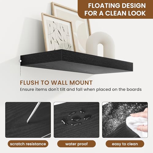 Floating Shelves for Wall, Wall Mounted Wood Shelves, Black, Set of 2, 16in - color: Black, size: 16"W x 6.5"D , 2 Pack
