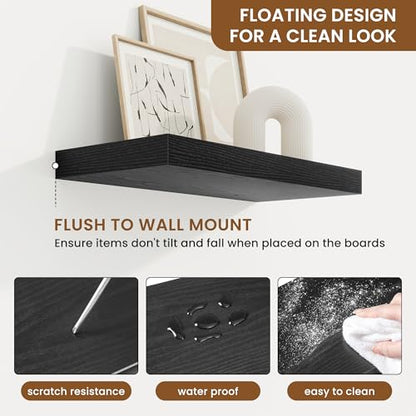 Floating Shelves for Wall, Wall Mounted Wood Shelves, Black, Set of 2, 16in - color: Black, size: 16"W x 6.5"D , 2 Pack