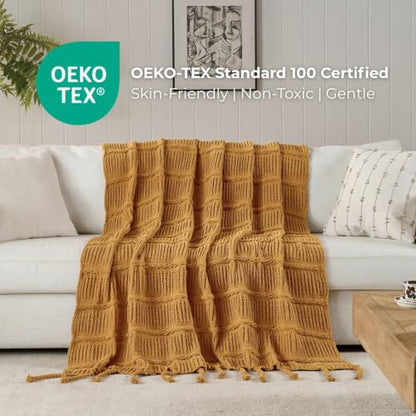 Boho Knitted Chenille Blanket with Tassels - Lightweight & Soft All-Season Throw - 3D Classic Pattern for Living Room Bedroom Couch, Amber Brown, King 90"x108" - color: Amber Brown, size: King