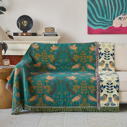 Boho Throw Blanket, 100% Soft Cotton Floral Quilt, Throw 50"x 60" - color: Spring Blue, size: Throw 50"x60"