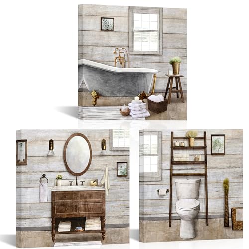Visual Art Decor Bathroom wall Art Farmhouse Bathroom Decor Painting, Framed Canvas Wall Art 12x12inchx3Pieces (Brown) - color: Brown