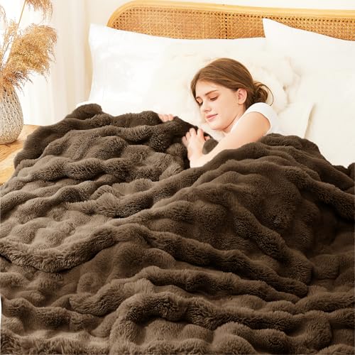 L'AGRATY Faux Rabbit Fur Throw Blanket for Couch, 90'' x 108'', Cocoa Brown - color: Cocoa Brown, size: 90" x 108"