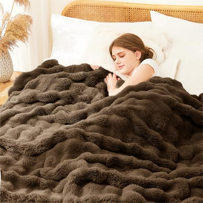 L'AGRATY Faux Rabbit Fur Throw Blanket for Couch, 90'' x 108'', Cocoa Brown - color: Cocoa Brown, size: 90" x 108"
