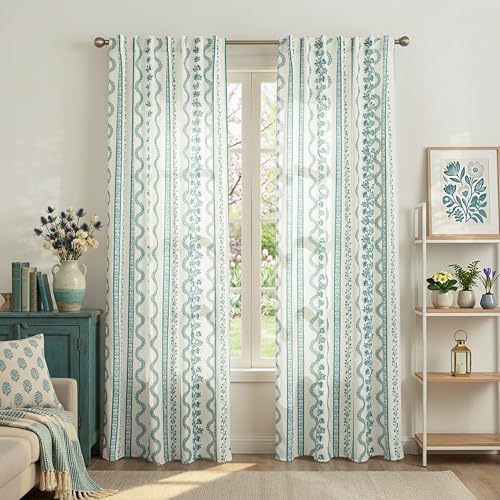 Teal Beach Theme Sheer Curtains, Summer Coastal Boho Farmhouse Linen Beachy Curtains for Bedroom Living Room Lake House 84 Inches Long - color: Teal, size: 50"W x 84"L (Pack of 2)