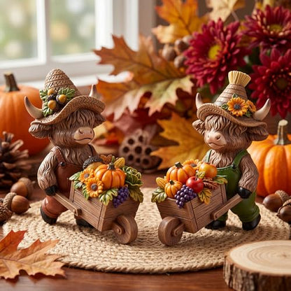 Karenhi 2 Pcs Fall Highland Cow Figurines, Harvest Wheelbarrow Decor - style: Harvest