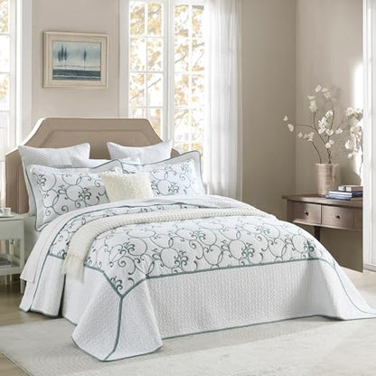 Oversized King Bedspread 120"x120" - 100% Cotton California King Quilt, Embroidered Bedspread Coverlet with Pillow Shams, Lightweight Quilted Bedding Set 3 Piece, Aqua Blue/White - color: White/Aqua Blue(turquoise), size: King/Cal King(120"x120")