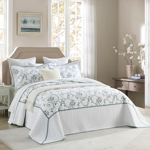 Oversized King Bedspread 128"x120" - 100% Cotton California King Quilt, Embroidered Bedspread Coverlet with Pillow Shams, Lightweight Quilted Bedding Set 3 Piece, Aqua Blue/White - color: White/Aqua Blue(turquoise), size: Extra Wide Super King(128"x120")