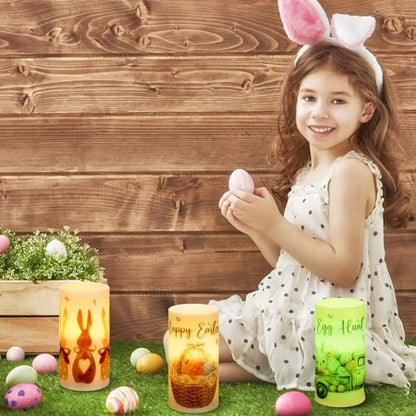 Retisee 3 Pcs Farmhouse Easter Flameless LED Candles Battery Operated Bunny Spring Flickering Pillar Candles with Remote Rabbit Happy Easter Centerpiece for Bedroom Living Room Dinner Table Decoration - style: Rabbit