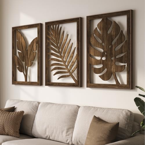 Framed Boho Cutout Carved Wood Wall Art Decor for Living Room, 24x36 Inch | Cutout carved wood artwork, Wooden bohemian botanical, 3 piece, Tropical leaf monstera, Brown, Dining room bedroom wall decor - color: Walnut Color