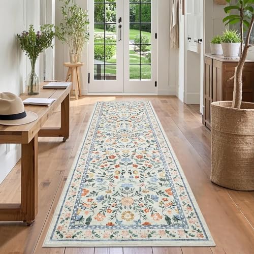 GarveeHome Washable Floral Runner Rug 2.5x8 Non-Slip Low Pile Hallway Green - color: Green, size: 2'6" x 8' (Rectangular)