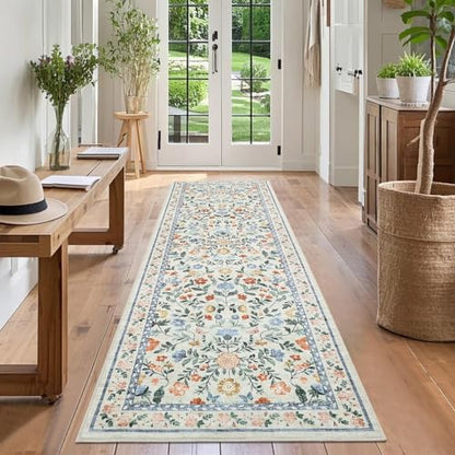 GarveeHome Washable Floral Runner Rug 2.5x8 Non-Slip Low Pile Hallway Green - color: Green, size: 2'6" x 8' (Rectangular)
