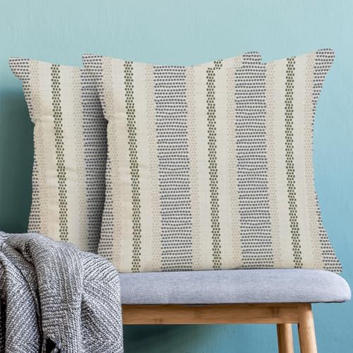 Navy Blue Sage Green Outdoor Pillow Covers 16 x 16 Inch, Beige Polka Dots Stripe Decor Throw Pillows for Couch Bed, Boho Modern Farmhouse Decorative Pillowcase Linen Cushion Cover Set of 2 - color: Blue Green Beige, size: 16" x 16" (Pack of 2)
