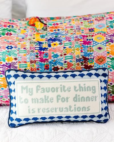 FURBISH Needlepoint Decorative Throw Pillow - with Reservations - 8" x 14" - Small Embroidered Accent Pillow for Bed, Chair, Couch, Sofa - Eclectic Home Decor