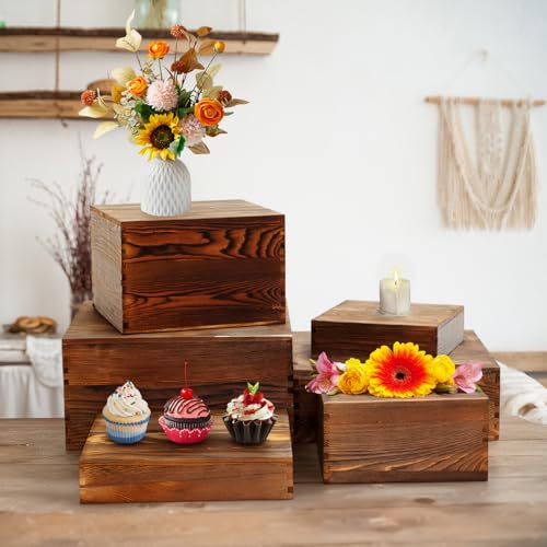6 Pack Buffet Risers and Stands, Dessert Table Display Set with Mini Signs - color: Brown, size: 6 Pcs