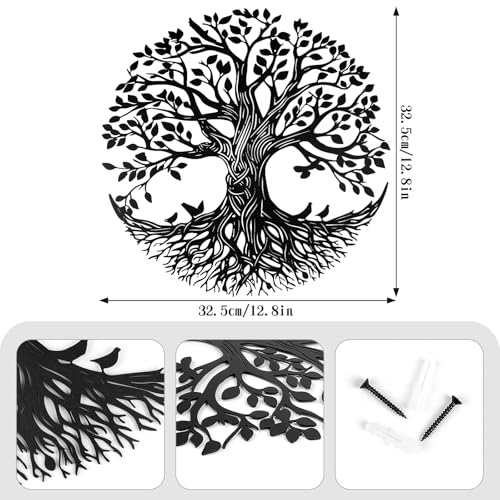 YIYA Metal Tree of Life Wall Decor, 12.8" Colorful Tree of Life Wall Art with Birds, Rustic Iron Wall Sculpture for Living Room, Bedroom, Bathroom, Boho Home Decor, Housewarming Gift（Black） - style: tree