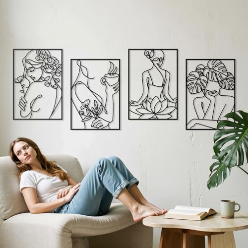 deeinglif Minimalist Woman Metal Wall Art Set of 4-3D Abstract Female Line Art Wall Decor with Monstera Leaf & Lotus, Modern Black Silhouette Hanging for Bedroom, Living Room, Above Bed (12x17 Inch)