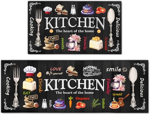 Kitchen Mats for Floor 2 Piece Set,Farmhouse Kitchen Rug Vintage Style Theme Decor,Absorbent Washable Non-Slip Floor Mats 17"x47"+17"x30" - color: Kitchen Home Black