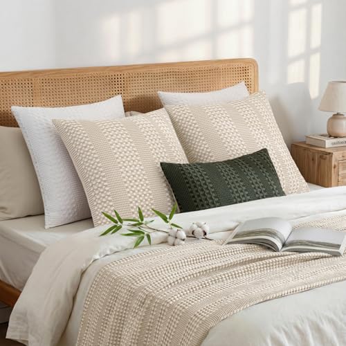 a moment 2 Pack Bamboo Fiber Pillow Covers - Waffle Weave, Ultra Soft & Breathable, Skin-Friendly Cotton Throw Pillow for Couch, Sofa, Bedroom Living Room 12x20 Inch Beige - color: Beige, size: 20" x 12" (Pack of 2)