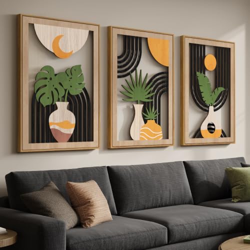 Framed Boho Cutout Carved Wood Wall Art Decor for Living Room, 24x36 Inch | Cutout carved wood, Mid-century modern boho, 3 Piece, Abstract geometric, Tropical leaf, Black orange, Dining room wall decor - color: Black Orange