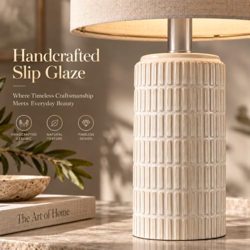 PoKat 23" Modern Ceramic Table Lamp Set of 2 for Living Room Bedroom, White - color: Beige and White