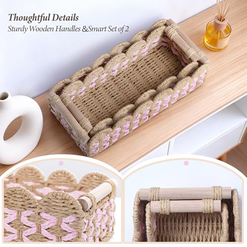 Set of 2 Paper Rope Scalloped Baskets with Wooden Handles