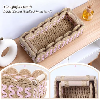 Set of 2 Paper Rope Scalloped Baskets with Wooden Handles