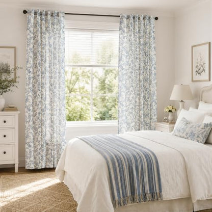 Lazzzy Blue Floral Linen Curtains Farmhouse Rod Pocket 50W X 90L 2 Panels - color: Blue on Beige, size: 50"W x 90"L (Pack of 2)
