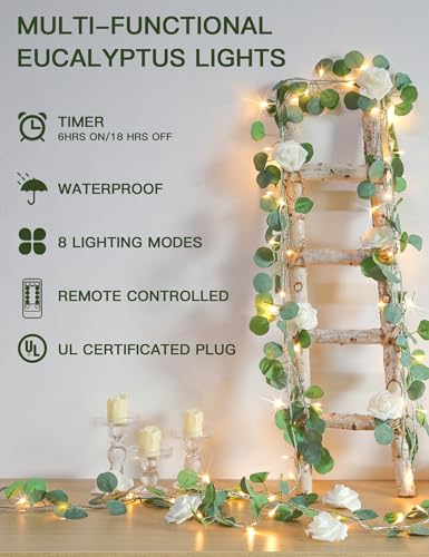suddus 33FT 100LED Eucalyptus Garland Vines with Lights Plug in Clear Wire - color: Eucalyptus, size: 100 LED-Plug