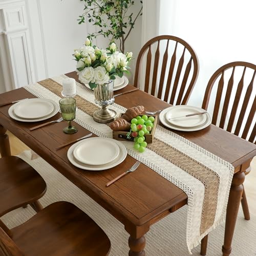 Simple&Opulence Boho Macrame Table Runner - 12 x 108 Inch, Splicing Burlap Farmhouse Cotton Table Runner with Fringed Edges for Bohemian Rustic Wedding, Bridal Shower, Dinner （White & Brown） - size: 12"x108", style: Brown