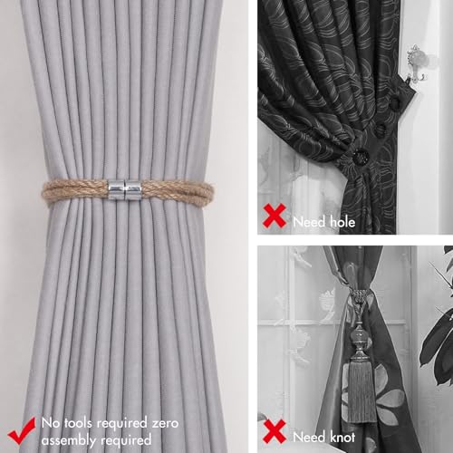 NICEEC 2 Pack Natural Jute Rope Curtain Tiebacks Elegant Boho Style Magnetic Drape Tie Backs Soft Hand-Woven Rope Curtain Holdbacks for Home & Office Drapery (Jute knot-04) - color: Jute Knot-04, size: 2 Pack