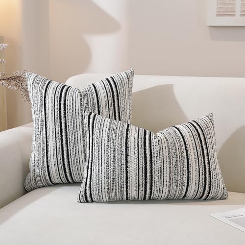 Chenille Throw Decorative Pillow Covers 18x18 Set of 2, Textured Striped Boho Couch Pillow Covers, Cozy Neutral Farmhouse Cushion Cover for Couch Sofa Bedroom Living Room, Black - color: Black Stripe, size: 18" x 18" (Pack of 2)