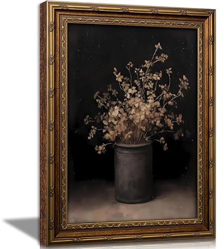 Vintage Gold Framed Wall Art Fall Dried Flowers Antique Vase Country Oil Painting Canvas Prints Dark Moody Rustic Still Life Picture Gothic Victorian Botanical Poster Artwork for Bedroom, 12x16in - color: Dark Flowers, size: 16"L x 12"W